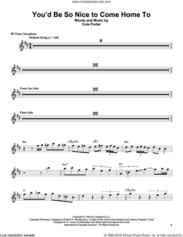 You'd Be So Nice To Come Home To sheet music for tenor saxophone solo (transcription) by Coleman Hawkins and Cole Porter, intermediate tenor saxophone (transcription)