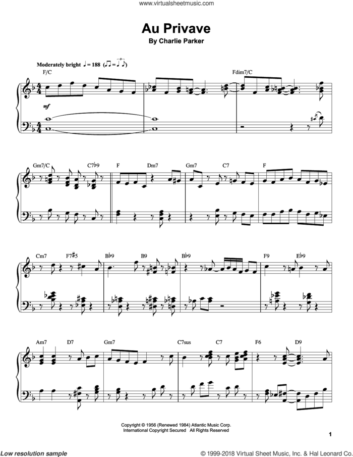Au Privave sheet music for piano solo (transcription) by Charlie Parker and Paul Smith Trio, intermediate piano (transcription)