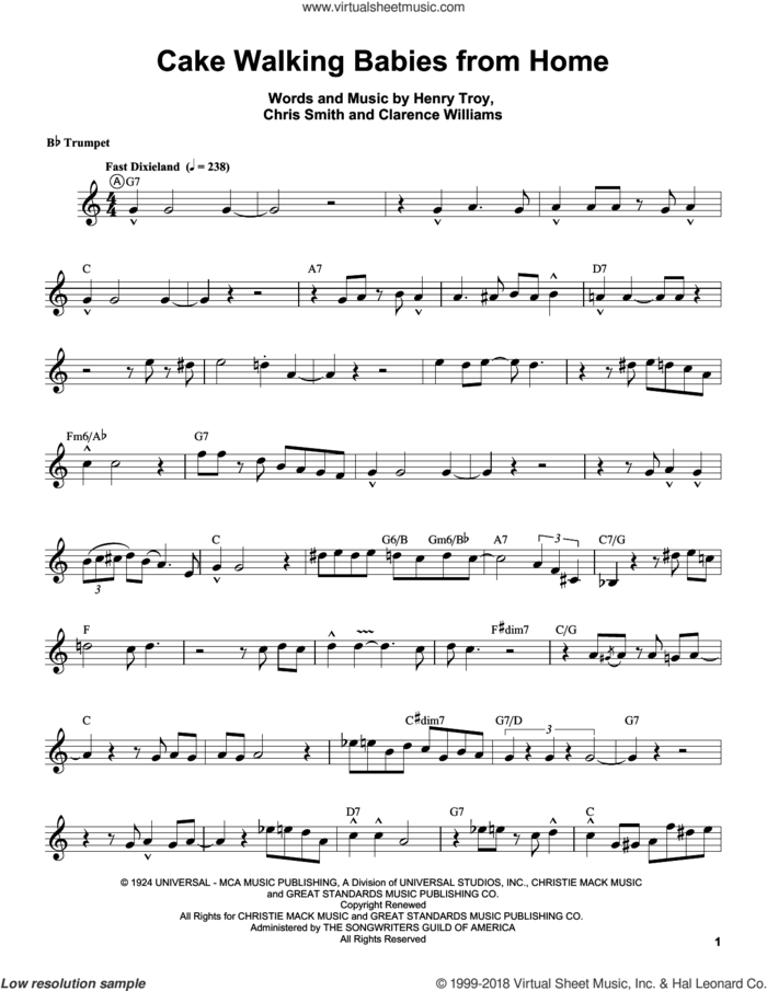 Cake Walking Babies From Home sheet music for trumpet solo (transcription) by Louis Armstrong, Chris Smith, Clarence Williams and Henry Troy, intermediate trumpet (transcription)