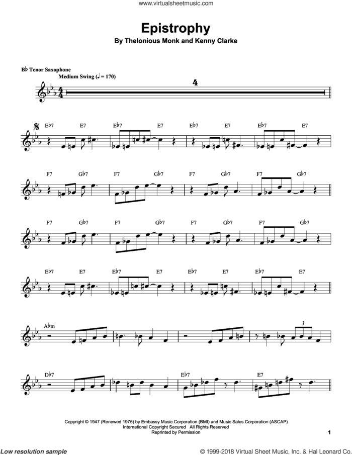 Epistrophy sheet music for tenor saxophone solo (transcription) by Coleman Hawkins, Kenny Clarke and Thelonious Monk, intermediate tenor saxophone (transcription)