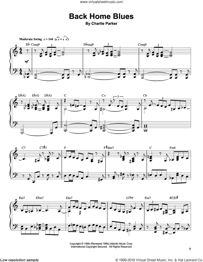 Back Home Blues sheet music for piano solo (transcription) by Charlie Parker and Paul Smith Trio, intermediate piano (transcription)