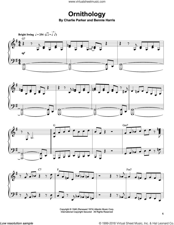 Ornithology sheet music for piano solo (transcription) by Charlie Parker and Bennie Harris, intermediate piano (transcription)