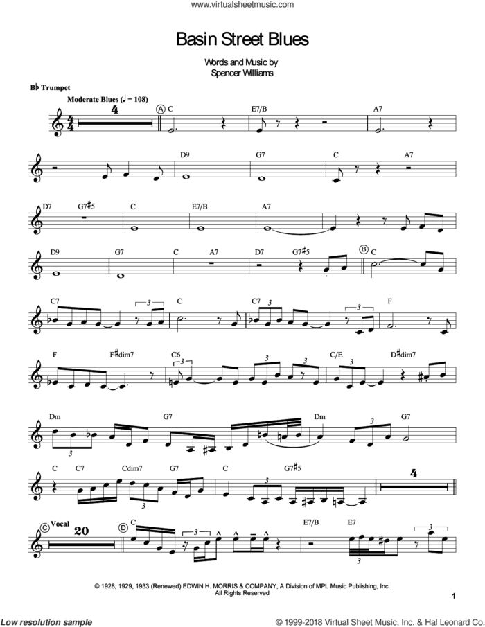 Basin Street Blues sheet music for trumpet solo (transcription) by Louis Armstrong and Spencer Williams, intermediate trumpet (transcription)