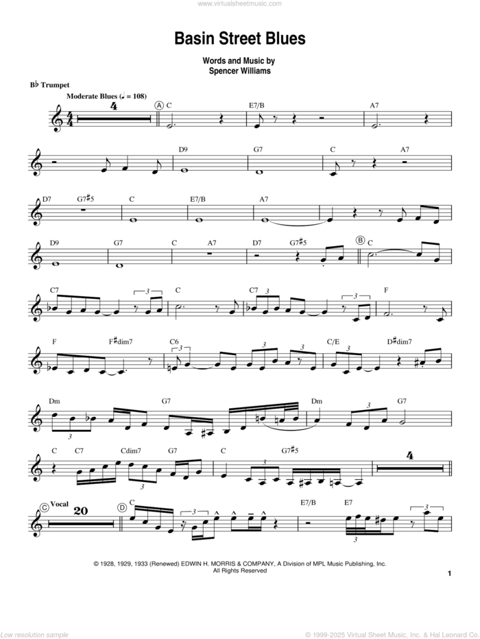 Basin Street Blues sheet music for trumpet solo (transcription) by Louis Armstrong and Spencer Williams, intermediate trumpet (transcription)