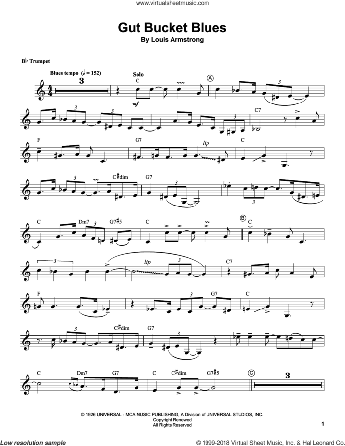 Gut Bucket Blues sheet music for trumpet solo (transcription) by Louis Armstrong, intermediate trumpet (transcription)