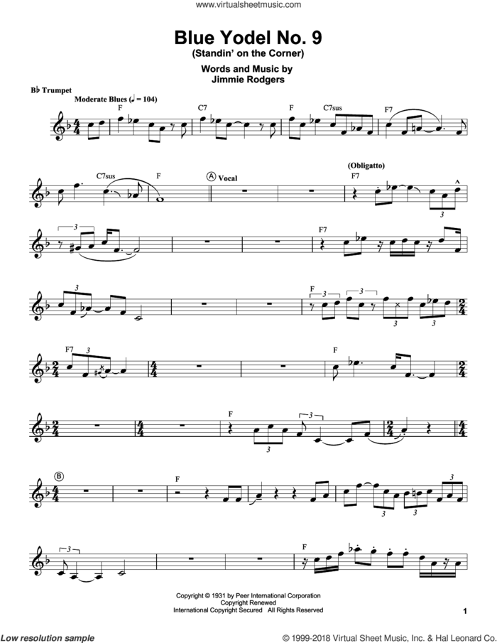 Blue Yodel No. 9 (Standin' On The Corner) sheet music for trumpet solo (transcription) by Louis Armstrong and Jimmie Rodgers, intermediate trumpet (transcription)