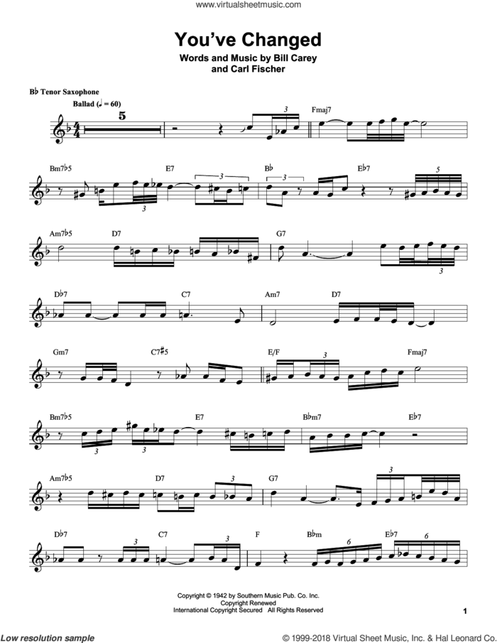 You've Changed sheet music for tenor saxophone solo (transcription) by Coleman Hawkins, Connie Russell, Bill Carey and Carl Fischer, intermediate tenor saxophone (transcription)