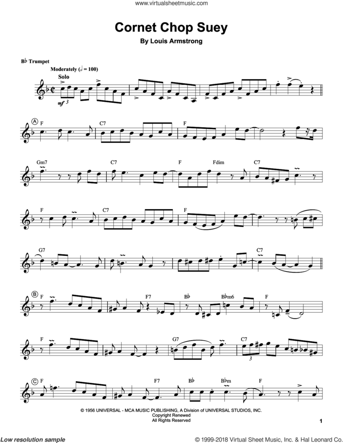 Cornet Chop Suey sheet music for trumpet solo (transcription) by Louis Armstrong, intermediate trumpet (transcription)