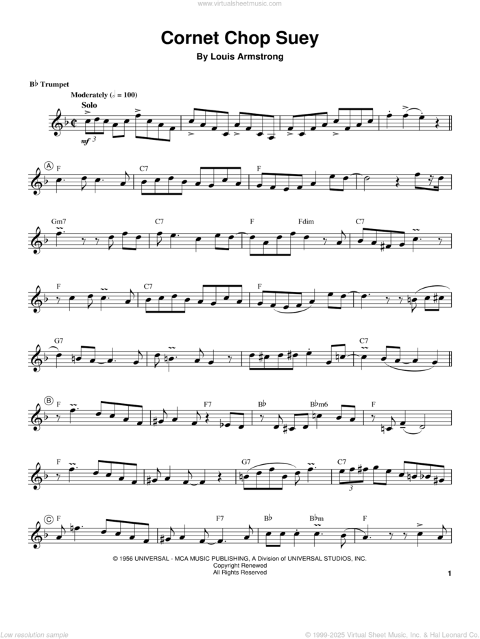 Cornet Chop Suey sheet music for trumpet solo (transcription) by Louis Armstrong, intermediate trumpet (transcription)