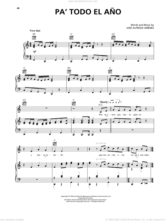 Pa' Todo El Ano sheet music for voice, piano or guitar by Jose Alfredo Jimenez, intermediate skill level