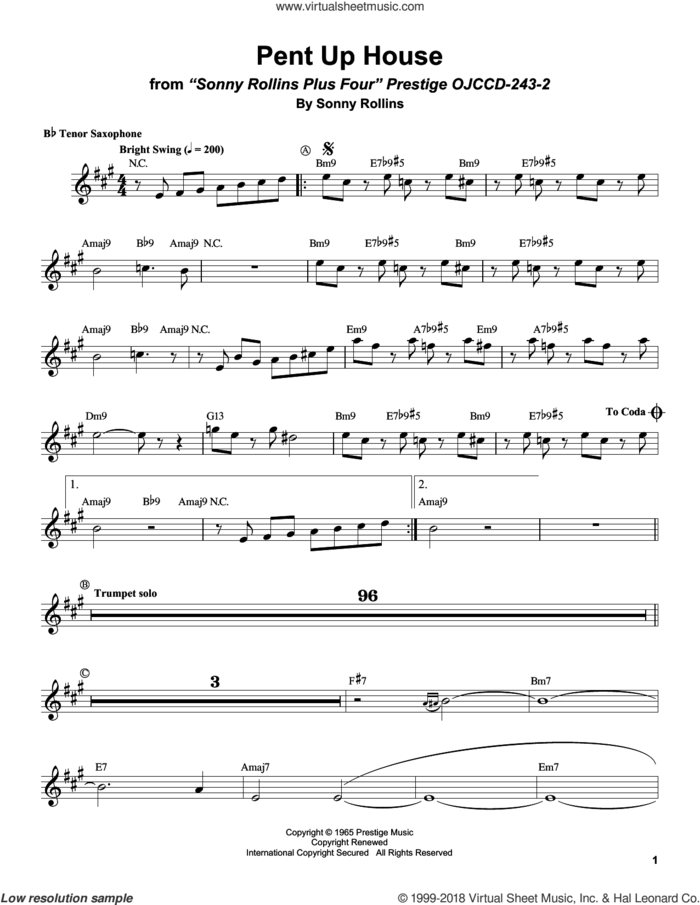 Pent Up House sheet music for tenor saxophone solo (transcription) by Sonny Rollins, intermediate tenor saxophone (transcription)