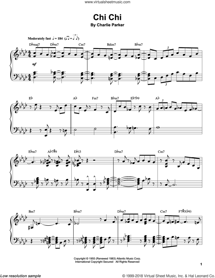 Chi Chi sheet music for piano solo (transcription) by Charlie Parker, intermediate piano (transcription)