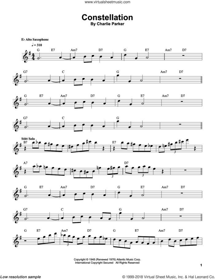 Constellation sheet music for tenor saxophone solo (transcription) by Sonny Stitt and Charlie Parker, intermediate tenor saxophone (transcription)