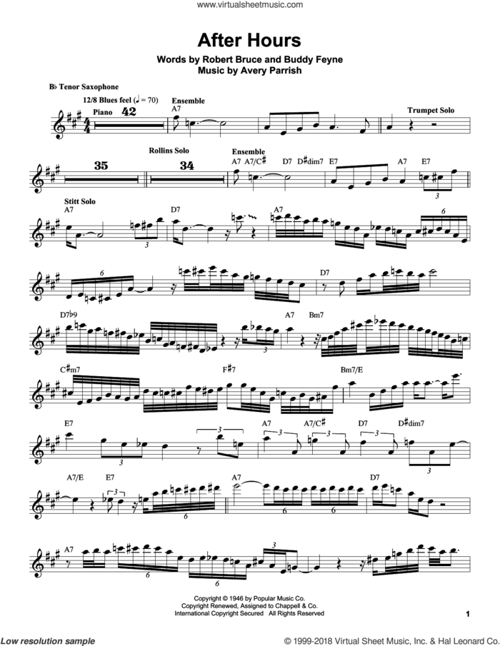 After Hours sheet music for tenor saxophone solo (transcription) by Sonny Stitt, Avery Parrish, Buddy Feyne and Robert Bruce, intermediate tenor saxophone (transcription)