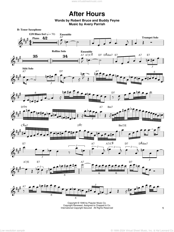 After Hours sheet music for tenor saxophone solo (transcription) by Sonny Stitt, Avery Parrish, Buddy Feyne and Robert Bruce, intermediate tenor saxophone (transcription)