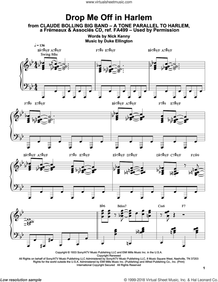 Drop Me Off In Harlem sheet music for piano solo (transcription) by Claude Bolling, Duke Ellington and Nick Kenny, intermediate piano (transcription)