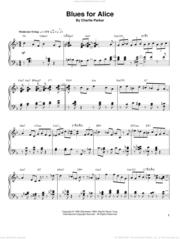 Blues For Alice sheet music for piano solo (transcription) by Charlie Parker, intermediate piano (transcription)