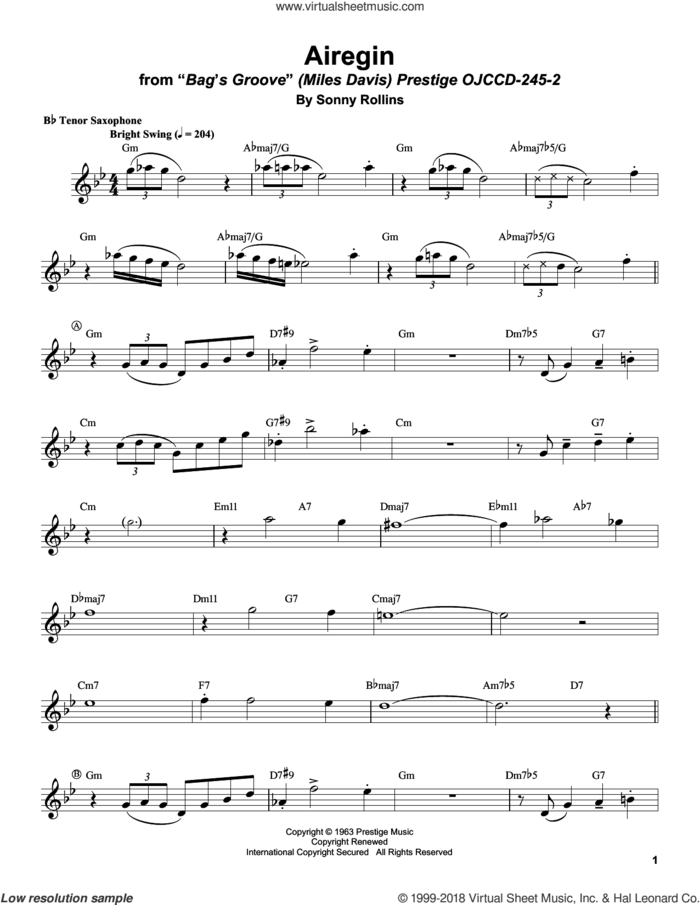 Airegin sheet music for tenor saxophone solo (transcription) by Sonny Rollins, intermediate tenor saxophone (transcription)