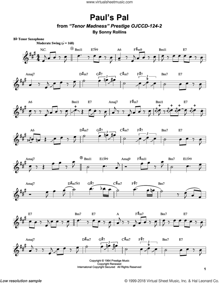 Paul's Pal sheet music for tenor saxophone solo (transcription) by Sonny Rollins, intermediate tenor saxophone (transcription)