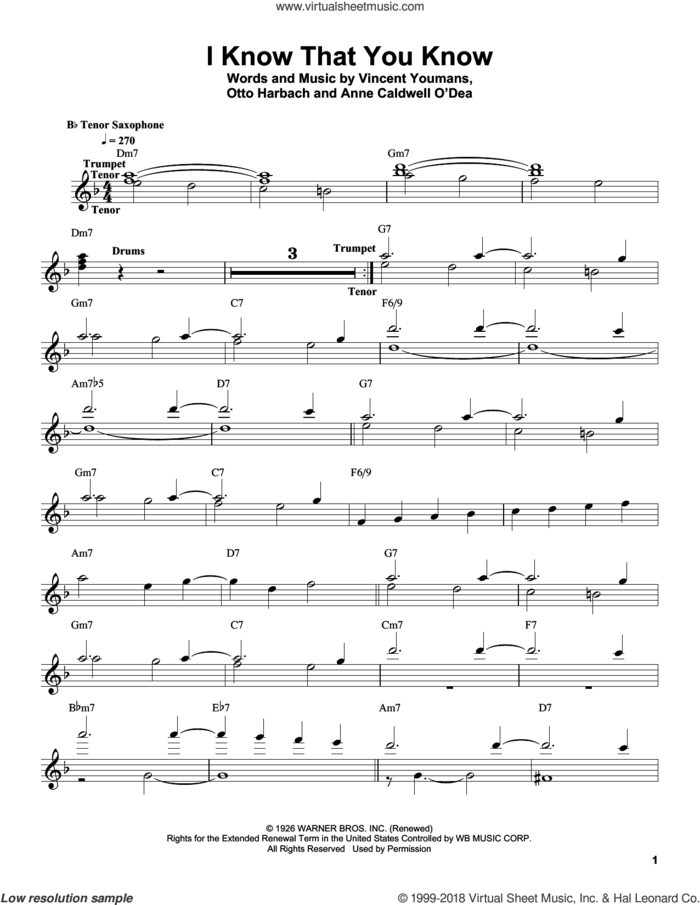 I Know That You Know sheet music for tenor saxophone solo (transcription) by Sonny Stitt, Anne Caldwell and Vincent Youmans, intermediate tenor saxophone (transcription)