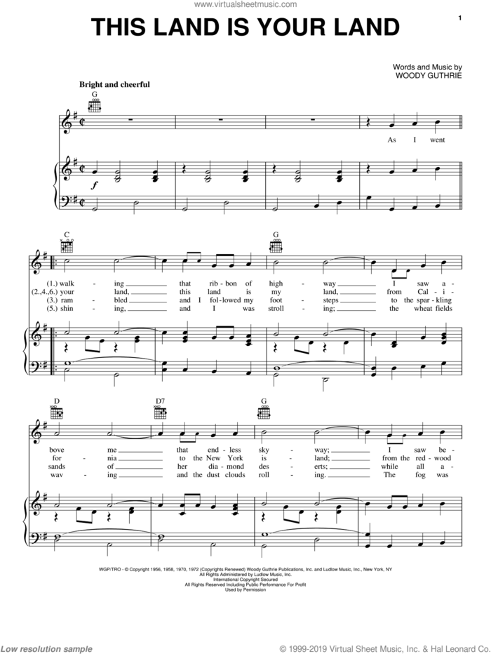 This Land Is Your Land sheet music for voice, piano or guitar by Woody Guthrie, Arlo Guthrie and New Christy Minstrels, intermediate skill level