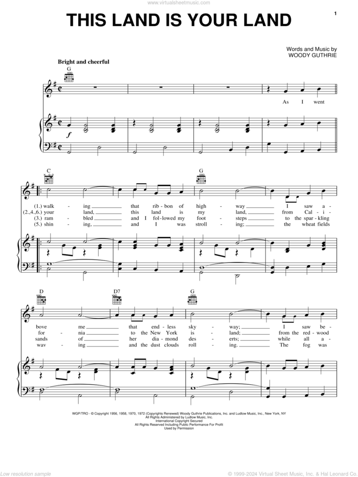 This Land Is Your Land sheet music for voice, piano or guitar by Woody Guthrie, Arlo Guthrie and New Christy Minstrels, intermediate skill level