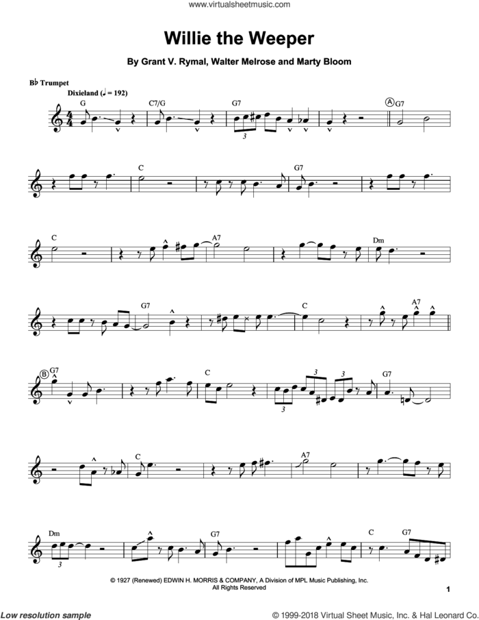 Willie The Weeper sheet music for trumpet solo (transcription) by Louis Armstrong, Grant V. Rymal, Marty Bloom and Walter Melrose, intermediate trumpet (transcription)
