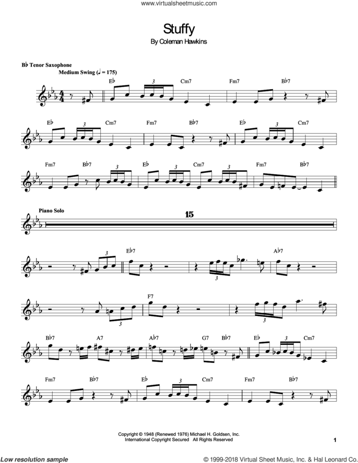 Stuffy sheet music for tenor saxophone solo (transcription) by Coleman Hawkins, intermediate tenor saxophone (transcription)