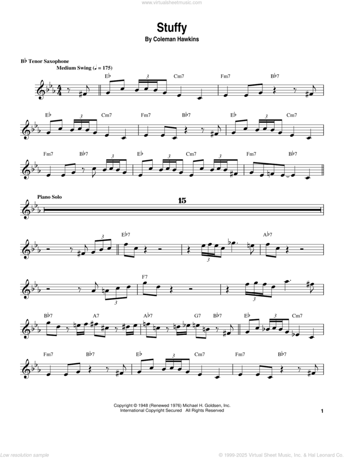 Stuffy sheet music for tenor saxophone solo (transcription) by Coleman Hawkins, intermediate tenor saxophone (transcription)