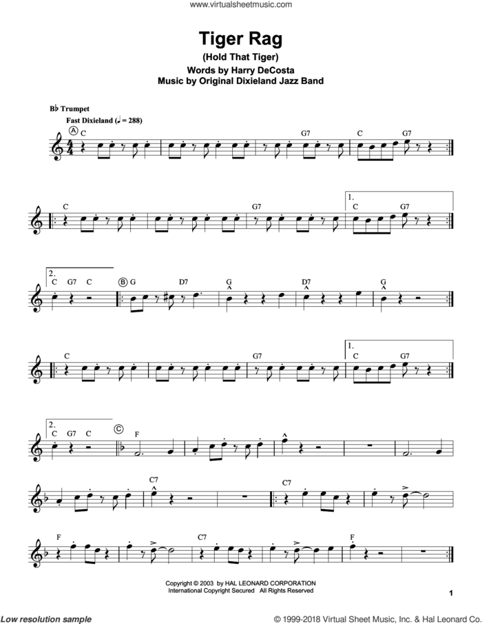 Tiger Rag (Hold That Tiger) sheet music for trumpet solo (transcription) by Louis Armstrong and Harry DeCosta, intermediate trumpet (transcription)