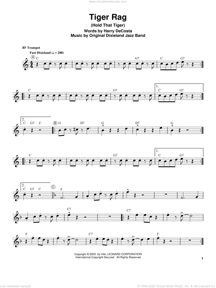 Tiger Rag (Hold That Tiger) sheet music for trumpet solo (transcription) by Louis Armstrong and Harry DeCosta, intermediate trumpet (transcription)