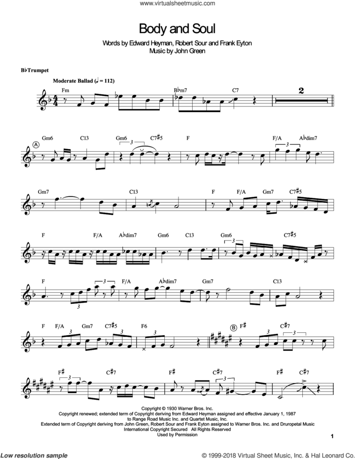 Body And Soul sheet music for trumpet solo (transcription) by Louis Armstrong, Edward Heyman, Frank Eyton, Johnny Green and Robert Sour, intermediate trumpet (transcription)