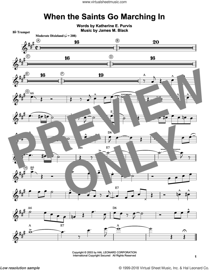 When The Saints Go Marching In sheet music for trumpet solo (transcription) by Louis Armstrong, James M. Black and Katherine E. Purvis, intermediate trumpet (transcription)