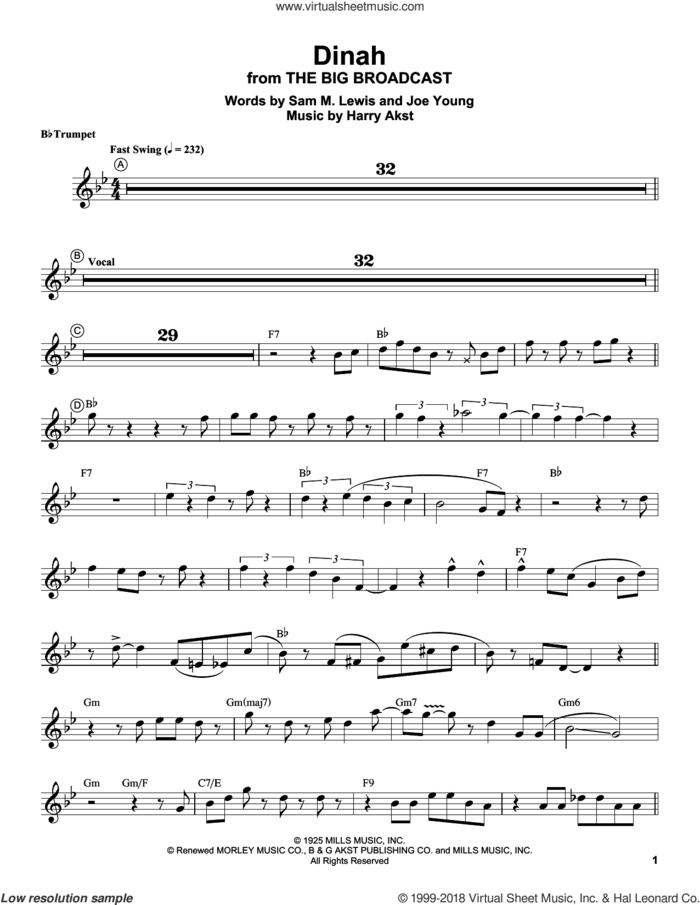 Dinah sheet music for trumpet solo (transcription) by Louis Armstrong, Harry Akst, Joe Young and Sam Lewis, intermediate trumpet (transcription)