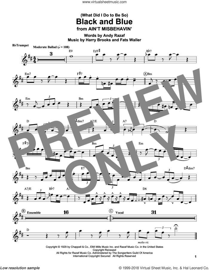 (What Did I Do To Be So) Black And Blue sheet music for trumpet solo (transcription) by Louis Armstrong, Andy Razaf, Harry Brooks and Thomas Waller, intermediate trumpet (transcription)