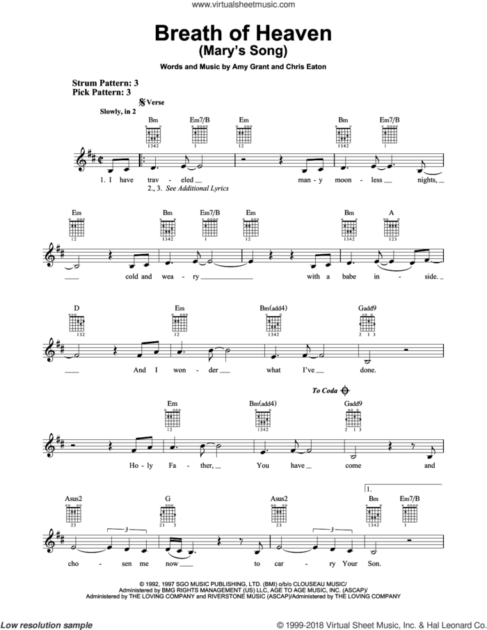 Breath Of Heaven (Mary's Song) sheet music for guitar solo (chords) by Amy Grant and Chris Eaton, easy guitar (chords)