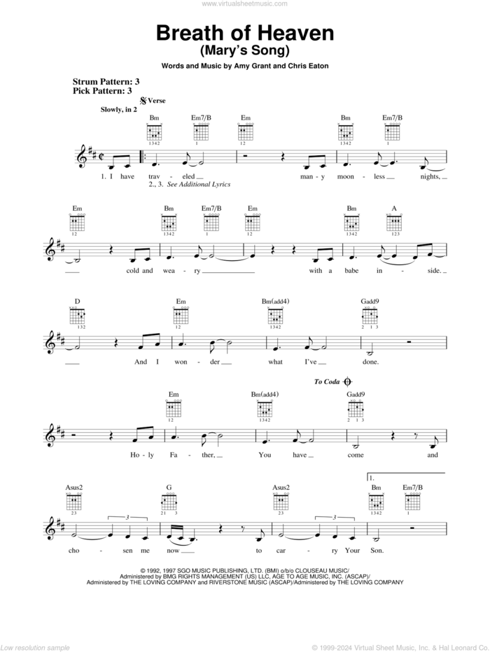 Breath Of Heaven (Mary's Song) sheet music for guitar solo (chords) by Amy Grant and Chris Eaton, easy guitar (chords)