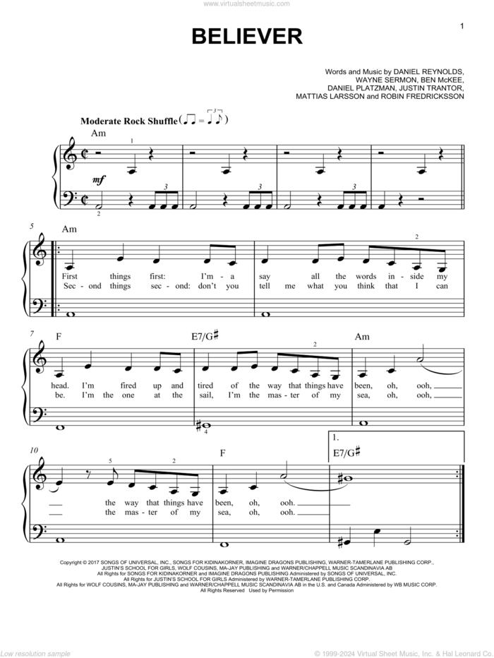 Believer, (beginner) sheet music for piano solo by Imagine Dragons, Ben McKee, Dan Reynolds, Daniel Platzman, Justin Tranter, Mattias Larsson, Robin Fredriksson and Wayne Sermon, beginner skill level