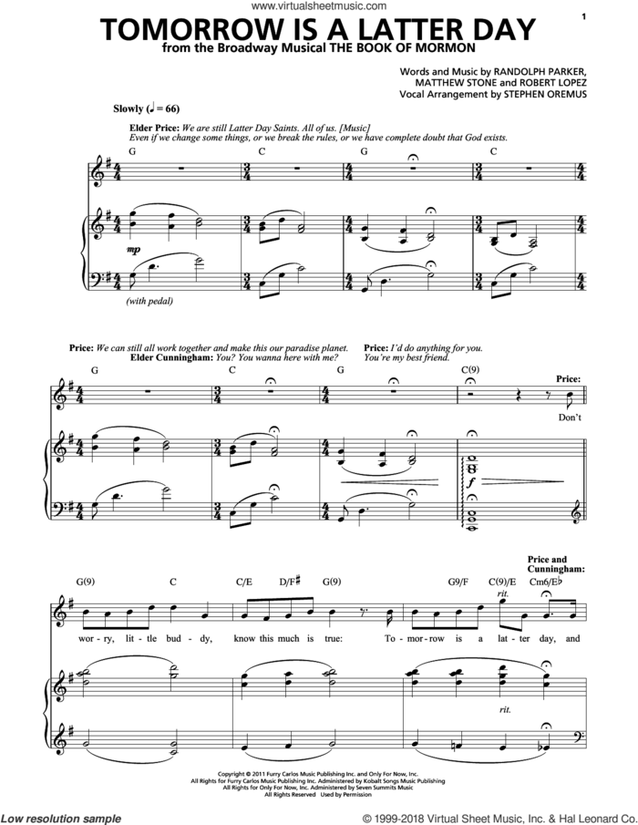 Tomorrow Is A Latter Day sheet music for voice and piano by Trey Parker & Matt Stone, Bobby Lopez, Matthew Stone and Randolph Parker, intermediate skill level