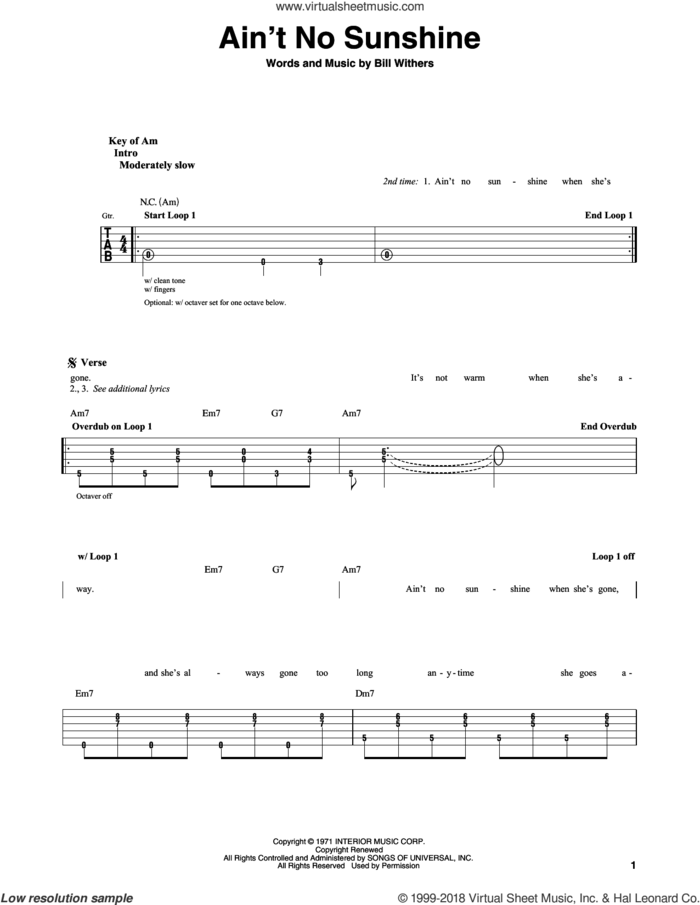 Ain't No Sunshine sheet music for guitar solo (lead sheet) by Bill Withers, intermediate guitar (lead sheet)