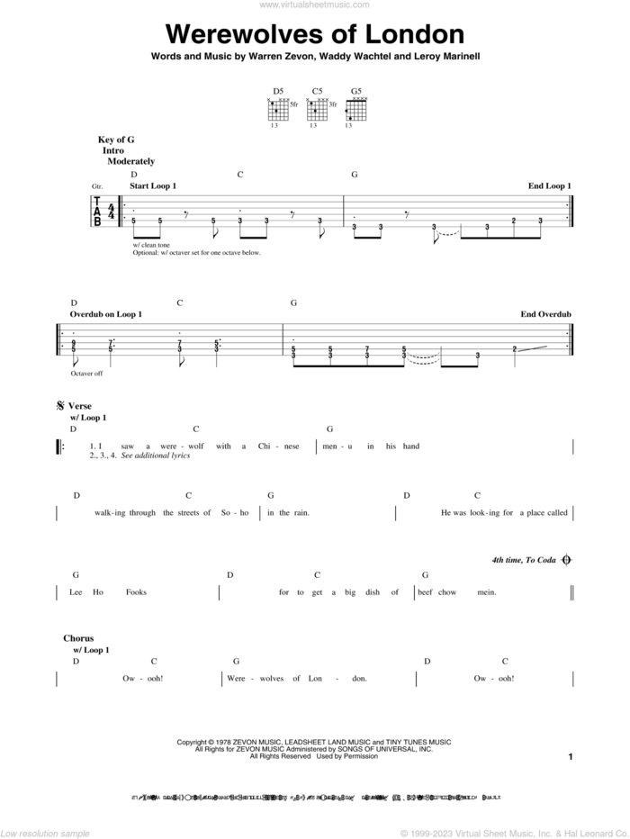 Werewolves Of London sheet music for guitar solo (lead sheet) by Warren Zevon, Leroy Marinell and Waddy Wachtel, intermediate guitar (lead sheet)