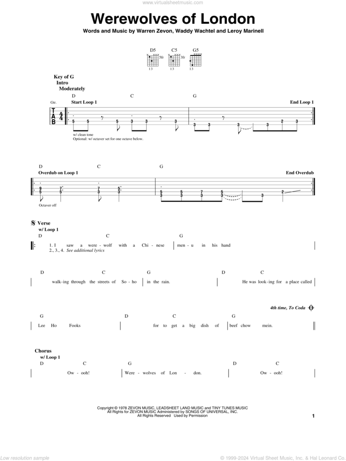 Werewolves Of London sheet music for guitar solo (lead sheet) by Warren Zevon, Leroy Marinell and Waddy Wachtel, intermediate guitar (lead sheet)