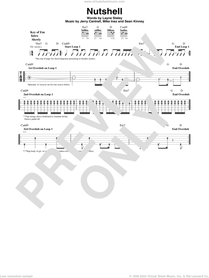 Nutshell sheet music for guitar solo (lead sheet) by Alice In Chains, Jerry Cantrell, Layne Staley, Mike Inez and Sean Kinney, intermediate guitar (lead sheet)
