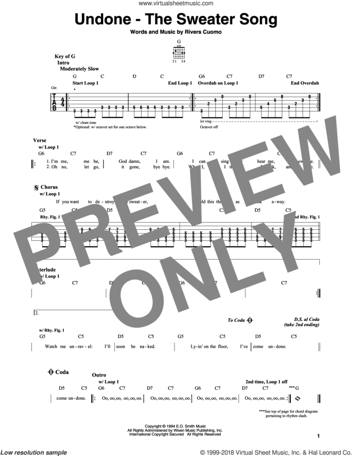 Undone - The Sweater Song sheet music for guitar solo (lead sheet) by Weezer and Rivers Cuomo, intermediate guitar (lead sheet)