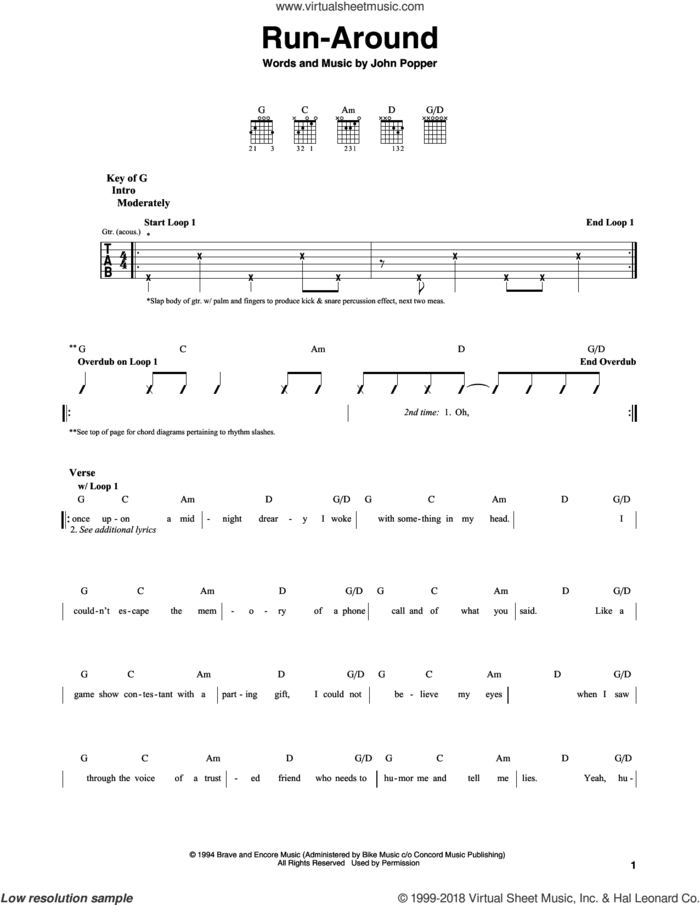 Run-Around sheet music for guitar solo (lead sheet) by Blues Traveler and John Popper, intermediate guitar (lead sheet)