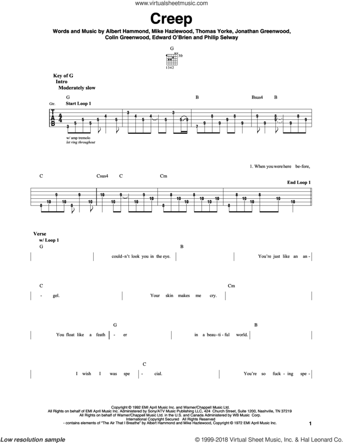 Creep sheet music for guitar solo (lead sheet) by Radiohead, Albert Hammond, Colin Greenwood, Jonathan Greenwood, Michael Hazlewood, Philip Selway and Thom Yorke, intermediate guitar (lead sheet)