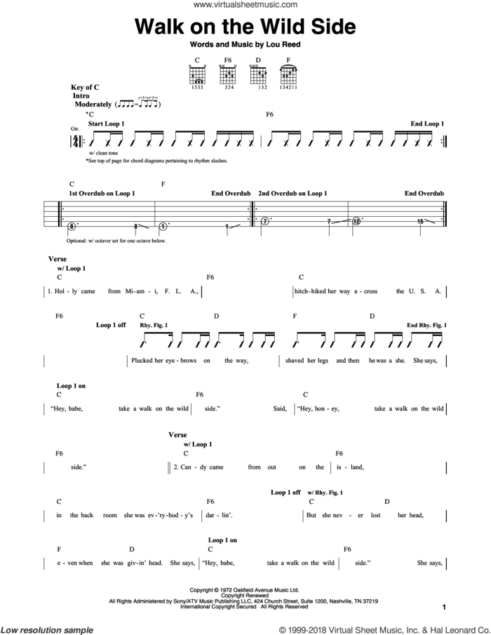Walk On The Wild Side sheet music for guitar solo (lead sheet) by Lou Reed, intermediate guitar (lead sheet)