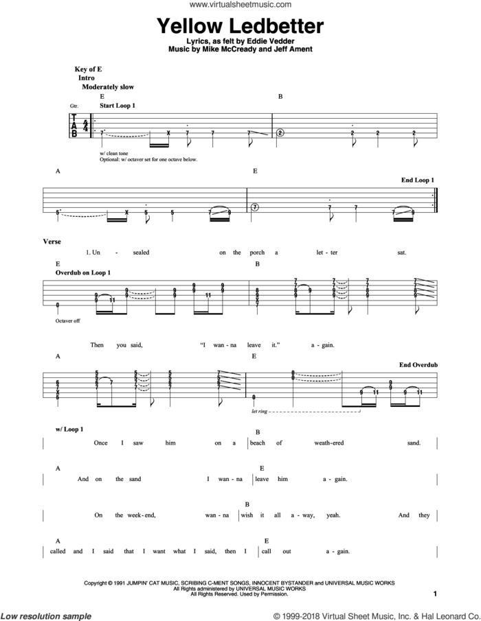 Yellow Ledbetter sheet music for guitar solo (lead sheet) by Pearl Jam, Eddie Vedder, Jeff Ament and Mike McCready, intermediate guitar (lead sheet)