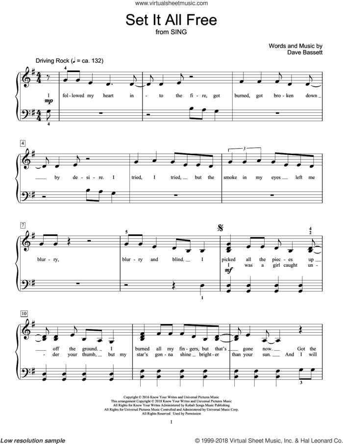 Set It All Free (from Sing) (arr. Mona Rejino) sheet music for piano solo (elementary) by Mona Rejino, Scarlett Johansson and Dave Bassett, beginner piano (elementary)