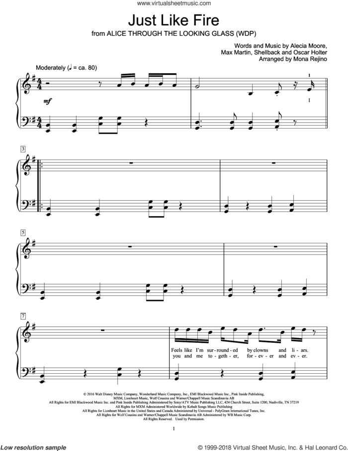 Just Like Fire sheet music for piano solo (elementary) by Max Martin, Miscellaneous, Mona Rejino, Alecia Moore, Johan Schuster, Oscar Holter and Shellback, beginner piano (elementary)